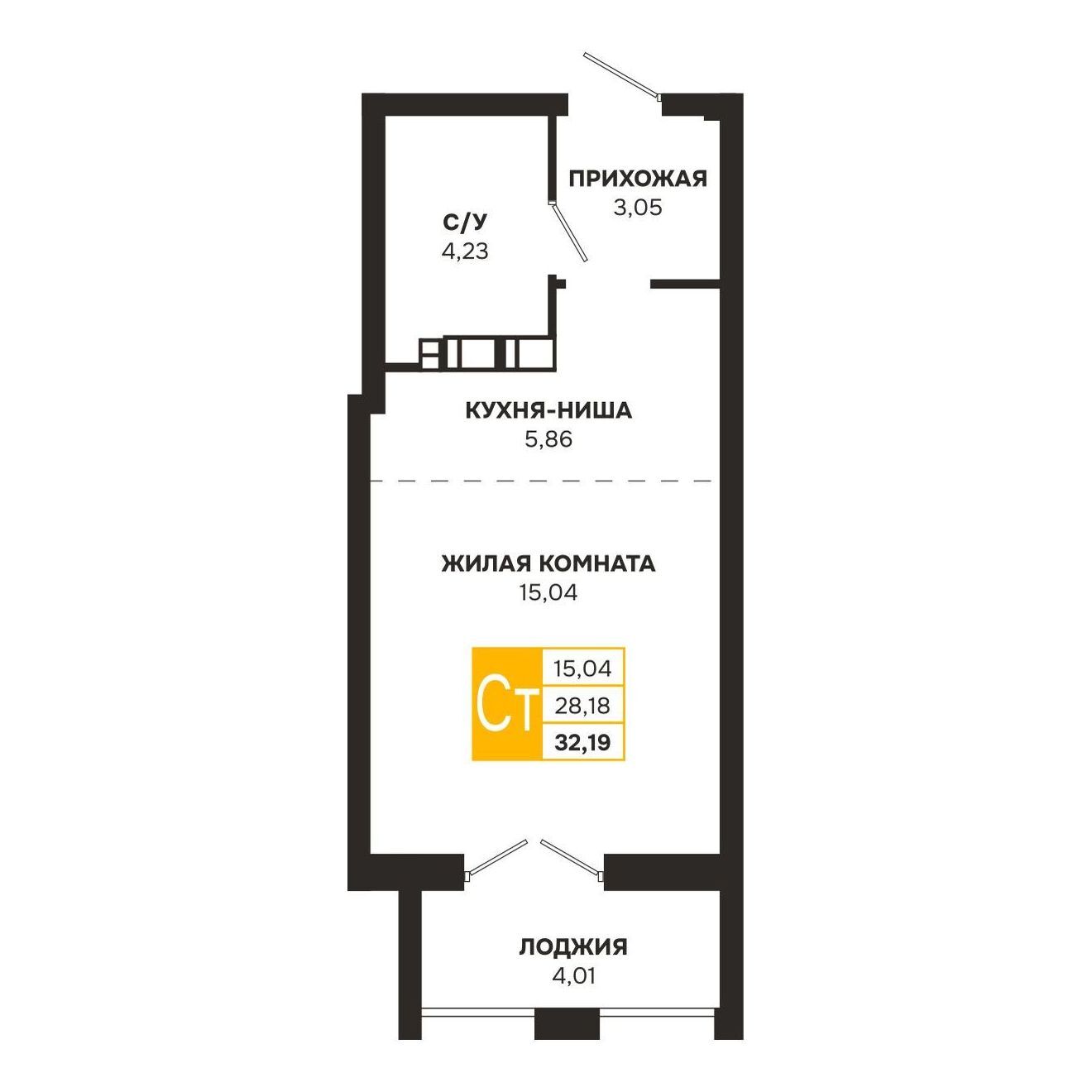 Планировка: Квартира-студия — 32,19 м²