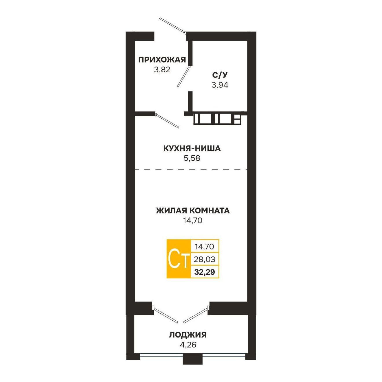 Планировка: Квартира-студия — 32,29 м²