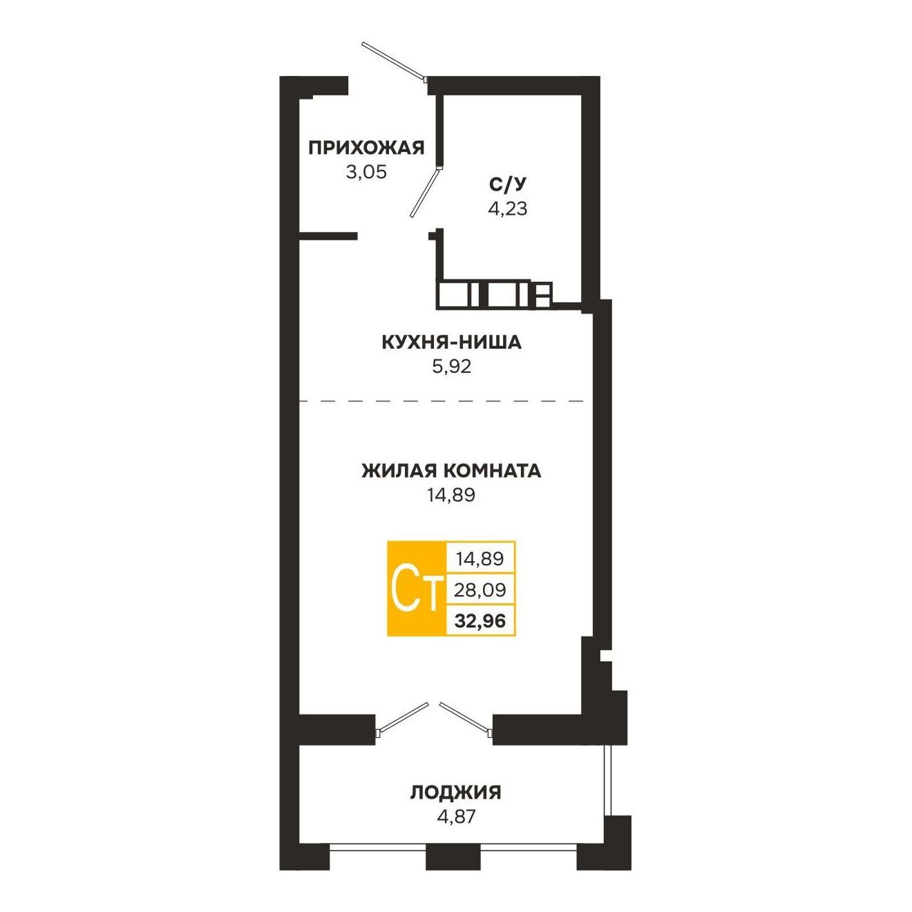 Планировка: Квартира-студия — 32,96 м²