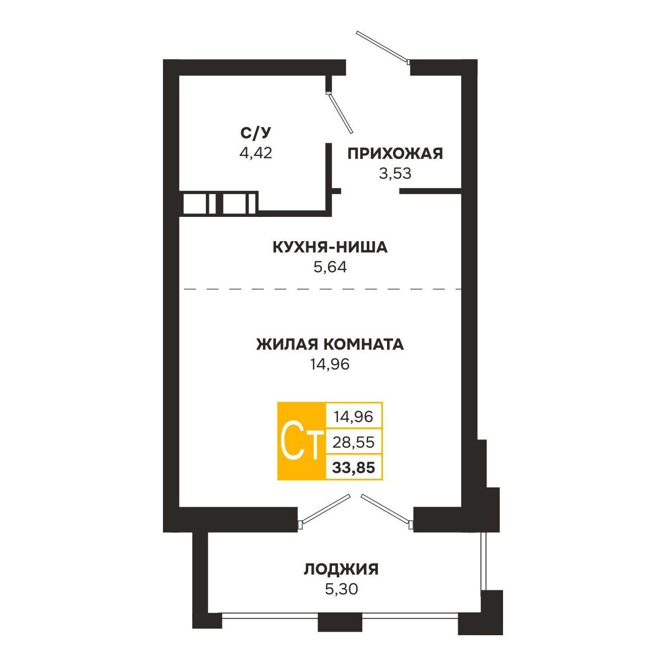 Планировка: Квартира-студия — 33,85 м²